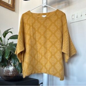 J Jill Purejill Muslin Gauze Mustard Cotton Boho Top Sz XS Boatneck Boxy